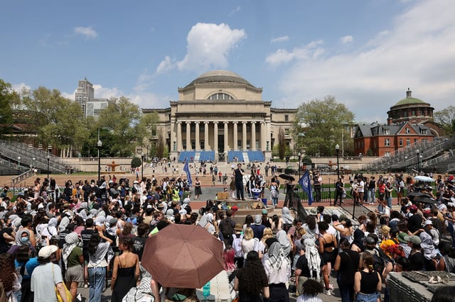 Students gather for a rally in support of a protest encampment on campus in support of Palestinians in New York City, U.S., on April 29, 2024.
