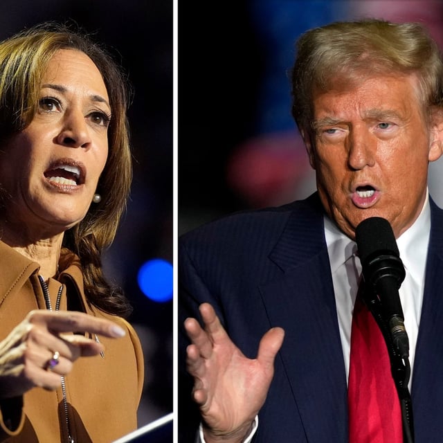 FILE - This combination of file photos shows Vice President Kamala Harris, the Democratic presidential nominee, left, speaking at a campaign rally in Kalamazoo, Michigan, on Oct. 26, 2024, and former President Donald Trump, the Republican presidential nominee, right, speaking during a campaign rally on Oct. 22, 2024, in Greensboro, North Carolina. (AP Photo, File)