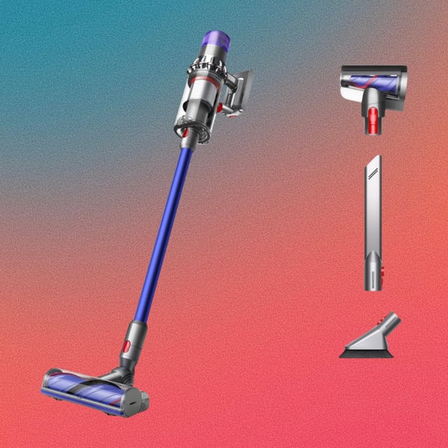 Dyson V11 Origin vacuum on a grain blue, peach and pink background