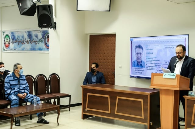 Jamshid Sharmahd, pictured at the start of his trial on February 6, 2022, was convicted of 'corruption on earth'