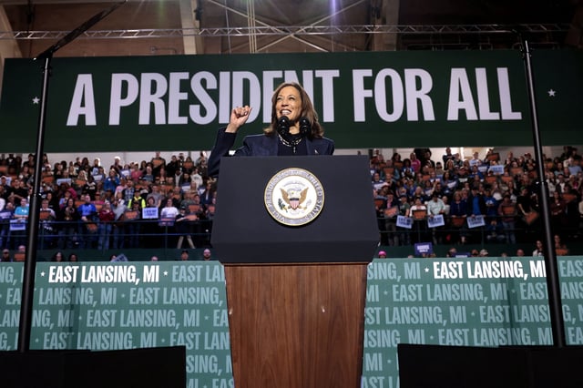 Vice President Kamala Harris speaks during a campaign rally in East Lansing, Michigan, on November 3, 2024.