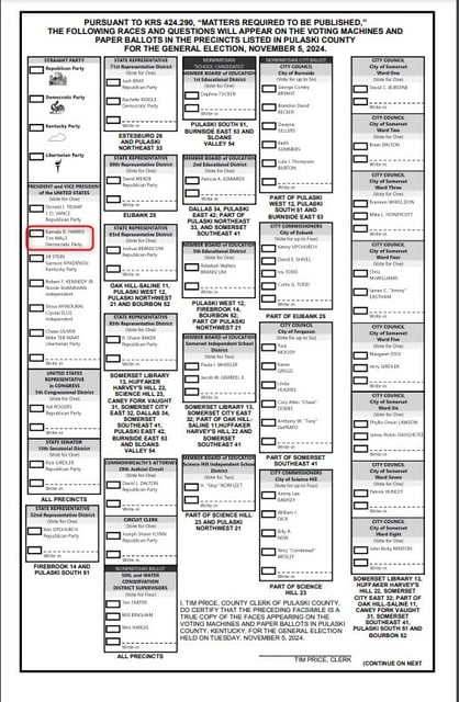 Screenshot of a Kentucky sample ballot taken November 4, 2024, with elements highlighted by AFP