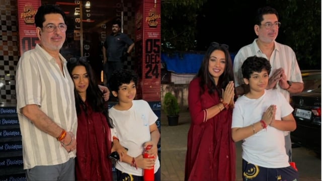 Rupali Ganguly, Ashwin Verma and their son pose outside a Mumbai theatre.