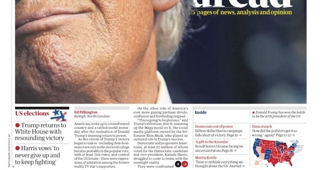The Guardian's November 7, 2024 front page, which shows Donald Trump along with the headline "American dread."