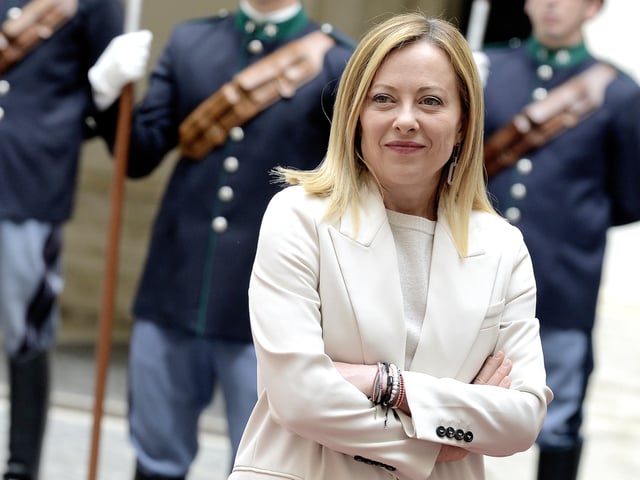 ROME, ITALY - MAY 08:Prime Minister, Giorgia Meloni, in the courtyard of Palazzo Chigi waiting to receive the Secretary General of NATO, J ,on May 08, 2024 in Rome, Italy.  Photo by Simona Granati - Corbis/Corbis via Getty Images) *** Local Caption *** Giorgia Meloni