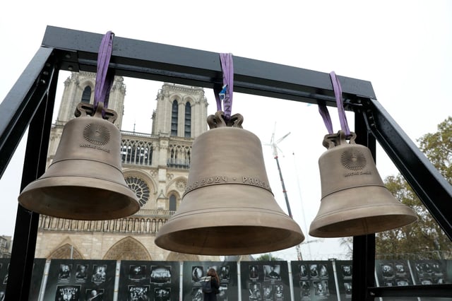 Three new bells, including the bell used during the Paris Olympic Games, set to be placed into the Notre-Dame cathedral, in Paris, on Nov. 7, 2024.