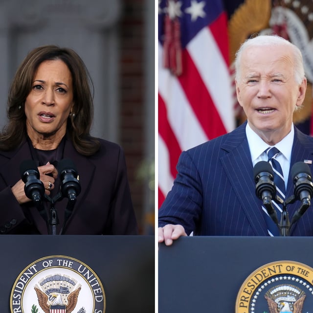 (L): Democratic presidential nominee, U.S. Vice President Kamala Harris speaks on stage as she concedes the election, at Howard University on November 06, 2024 in Washington, DC.
(R): U.S. President Joe Biden delivers remarks on the results of the 2024 election in the Rose Garden on November 07, 2024 in Washington, DC.