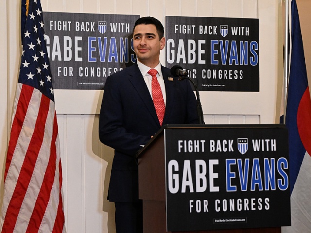 BRIGHTON, CO - NOVEMBER 5: State Representative Gabe Evans addresses his supporters after a long night of watching the numbers come in during his watch party in the race for the 8th congressional district at the Bella Sera Event Center in Brighton, Colorado on November 5, 2024. State Rep. Gabe Evans (R) is challenging U.S. Rep. Yadira Caraveo (D in the 8th congressional district race. The race is still too close to call. (Photo by Helen H. Richardson/MediaNews Group/The Denver Post via Getty Images)