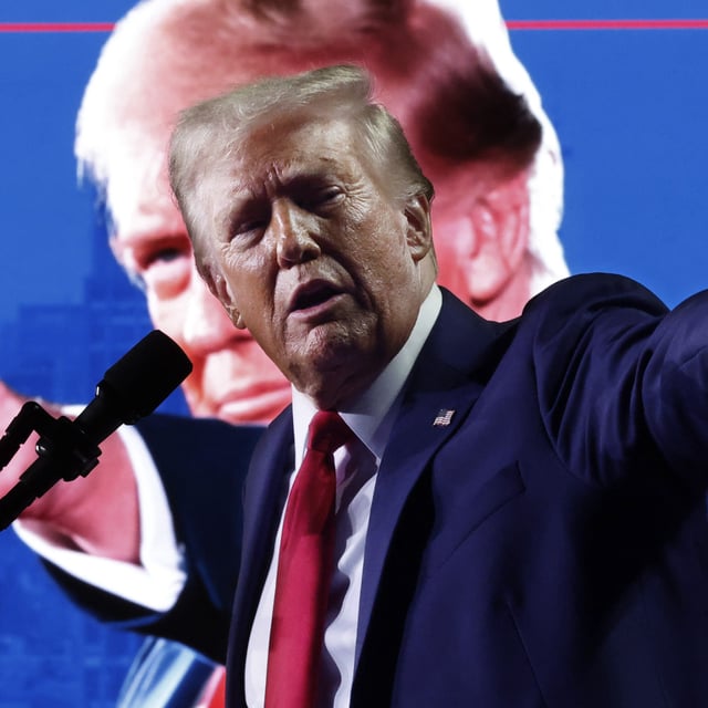 Republican presidential nominee, former President Donald Trump speaks during a campaign rally at Van Andel Arena on November 05, 2024 in Grand Rapids, Michigan.