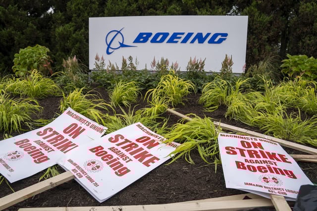 Picket signs outside the Boeing factory in Renton, Washington. The eight-week strike at the company ended when workers voted to accept a new four-year contract at Boeing on November 4.