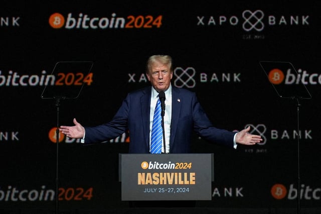 Donald Trump prenant la parole lors de l'événement Bitcoin 2024 à Nashville au Tennessee, le 27 juillet 2024.