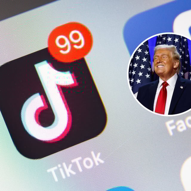 TikTok and Facebook application on screen Apple iPhone XR. Republican presidential nominee, former U.S. President Donald Trump reacts on stage with former first lady Melania Trump and Barron Trump during an election night event at the Palm Beach Convention Center on November 06, 2024 in West Palm Beach, Florida.