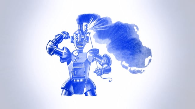 Illustration of a very angry robot blowing his top, 1949. Screen print.