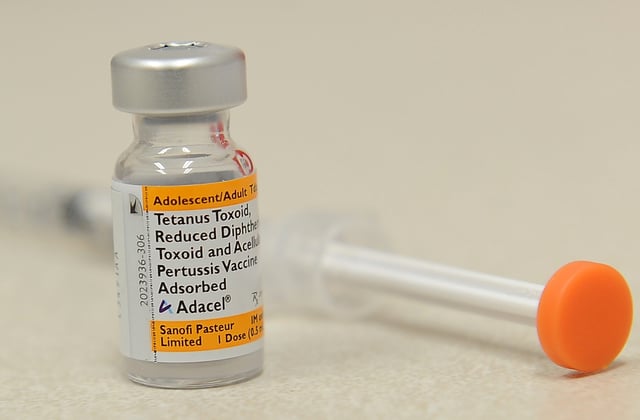 A bottle of the pertussis vaccine against whooping cough and a syringe are show in a pharmacy in Pasadena, California on September 17, 2010.