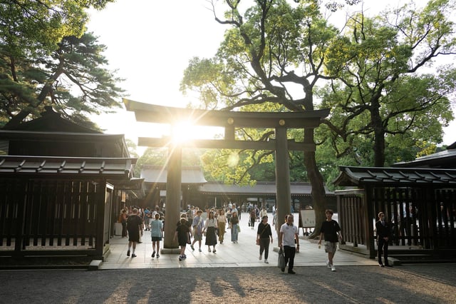 A torii gate at the entrance of Tokyo's Meiji Shrine.