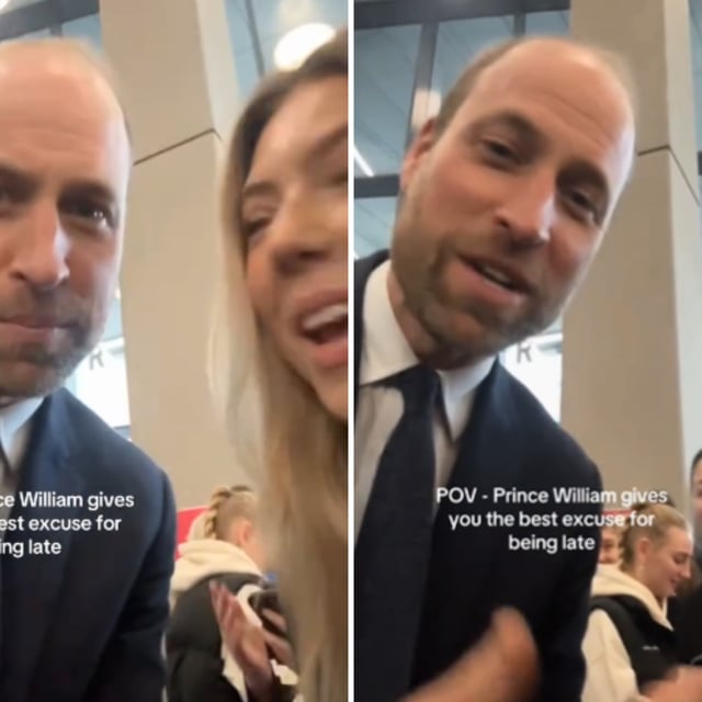 Screenshots from the viral video of the moment Prince William gave one student a "Royal" excuse for being late for class.
