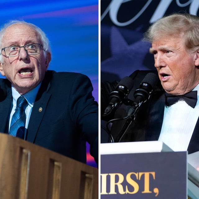 Sen. Bernie Sanders, I-Vt., speaks on the second night of the Democratic National Convention at the United Center in Chicago, Ill., on Tuesday, August 20, 2024. President-elect Donald Trump speaks during an America First Policy Institute gala at his Mar-a-Lago estate, Thursday, Nov. 14, 2024, in Palm Beach, Fla.