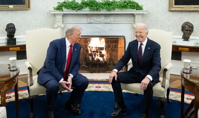 US President Joe Biden meets with US President-elect Donald Trump in the Oval Office of the White House in Washington, DC, on November 13, 2024. Trump thanked Biden for pledging a smooth transfer of power as the victorious Republican made a historic return visit to the White House on Wednesday. (Photo by SAUL LOEB / AFP) (Photo by SAUL LOEB/AFP via Getty Images)