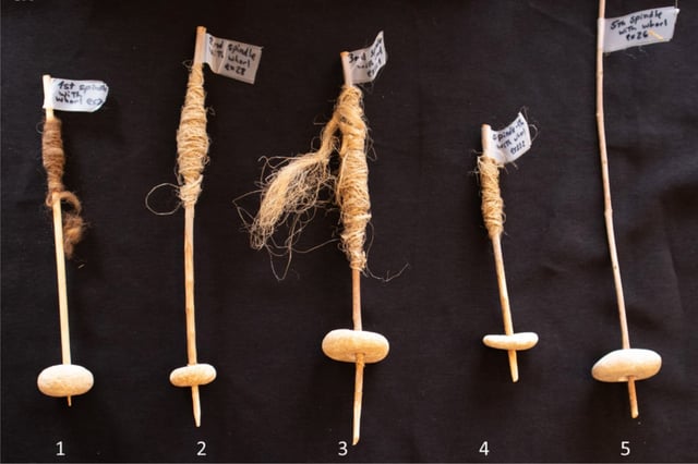 Five experimental spindles and whorls experimented with by the team. Photo: Talia Yashuv
