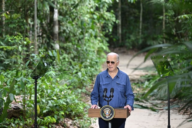 President Joe Biden speaks during a visit to the Amazon rainforest in Manaus, Brazil, on November 17, 2024.