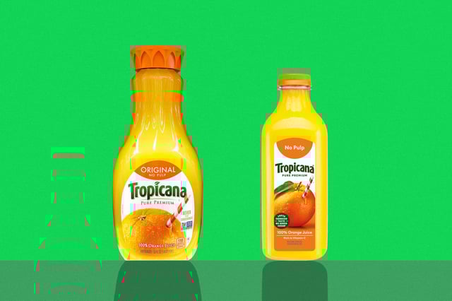 Tropicana fans are ditching the brand after a bottle redesign. (Disclaimer: Bottles are not to scale.)