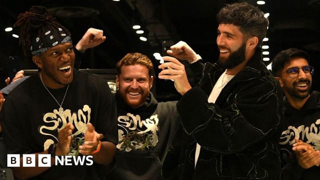 The Sidemen standing in a row laughing, clapping and in celebratory poses, when opening a store in the Bullring Shopping Centre, Birmingham, in October 2024