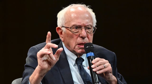 U.S. politician Bernie Sanders at the launch of his book "It's Okay to Be Angry at Capitalism" at the House of World Cultures in Berlin, Oct. 12, 2023. (Jens Kalaene/dpa/picture alliance via Getty Images)