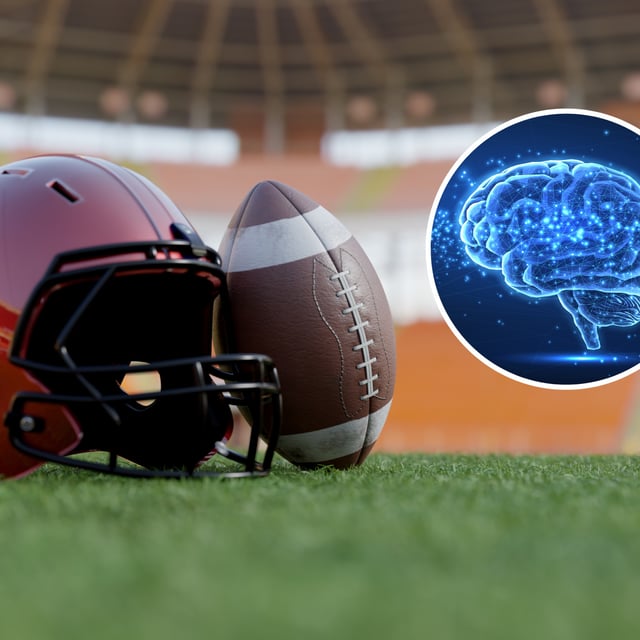A football and helmet on the grass of a football pitch, with an image of the brain overlayed. Concussion gained by young football players has been linked with a variety of negative brain health outcomes later in life, in previous research.