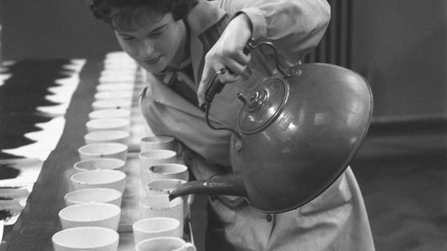 Pouring tea samples for tasting at Typhoo’s factory at Digbeth, Birmingham, in 1960. Typhoo Tea, which dates from 1903, has been bought out of administration by Supreme