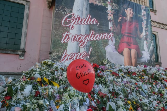 Floral tributes are laid at a memorial for Giulia Cecchetti in Venice, Italy, in 2023. 