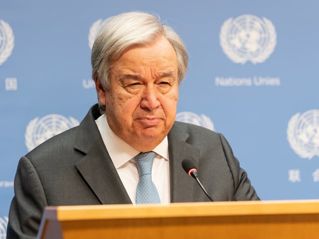 NEW YORK, UNITED STATES - 2023/10/11: Secretary-General Antonio Guterres delivers a statement at UN Headquarters on the situation in the Middle East following the terrorist attack by Hamas on Israel. He reiterated his concern for civilian lives to be protected, he thanked Egypt for its help via Rafah crossing into Gaza and stated that humanitarian aid should be delivered to people of Gaza. (Photo by Lev Radin/Pacific Press/LightRocket via Getty Images)