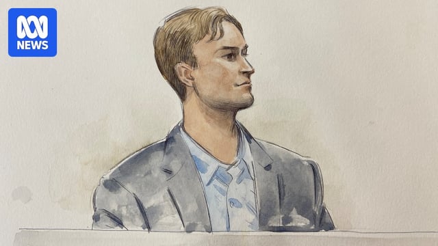A court sketch of a man in a suit in a witness dock