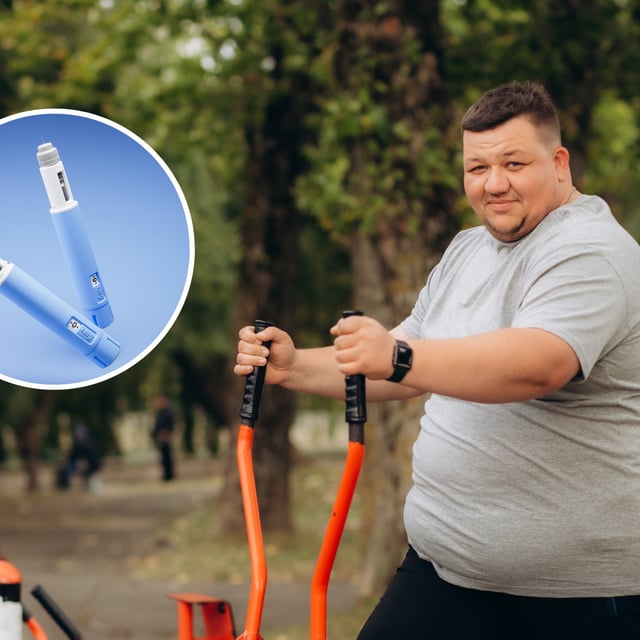 A man uses an exercise bike in a park, with an image of semaglutide injections inset. While experts disagree about the place that lifestyle interventions such as exercise have, they agree that lifestyle interventions are important for tackling the obesity epidemic in the U.S.