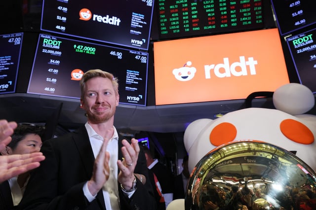 CEO of Reddit Steve Huffman reacts at the New York Stock Exchange (NYSE) to celebrate the company's initial public offering (IPO) in New York City, U.S., March 21, 2024.