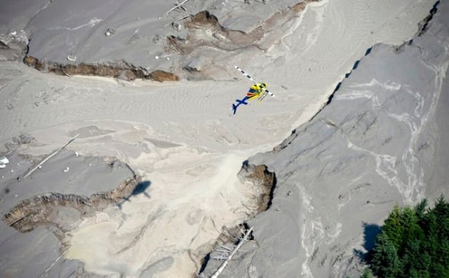 A aerial view shows the damage caused by a tailings pond breach near the town of Likely, B.C. Tuesday, August, 5, 2014. The pond which stores toxic waste from the Mount Polley Mine had its dam break on Monday spilling its contents into the Hazeltine Creek causing a wide water-use ban in the area. 