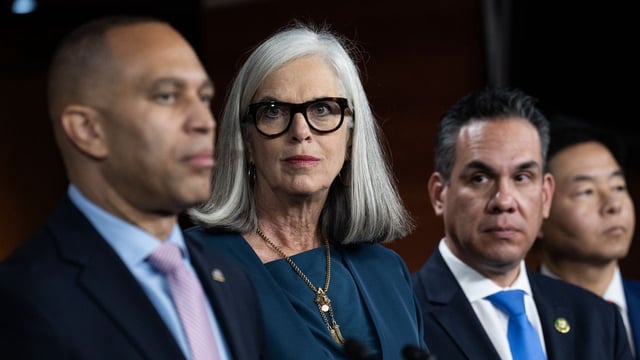 House Minority Whip Katherine Clark and other members of Democratic leadership at a press conference at the Capitol on Nov. 19, 2024. Photo: Tom Williams/CQ-Roll Call, Inc via Getty Images.