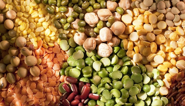 Assorted beans, peas, and lentils.