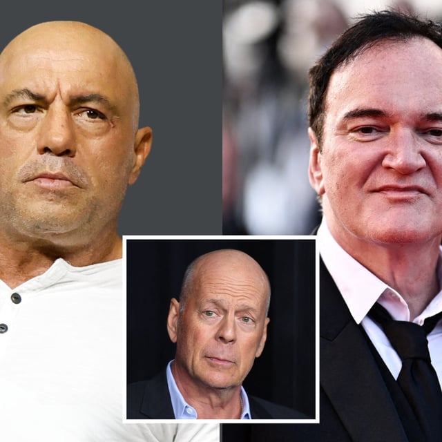 From left: Joe Rogan is pictured on August 18, 2023, in Boston, Massachusetts; Bruce Willis is seen inset on January 15, 2019 in New York City; Quentin Tarantino is pictured on May 27, 2023 in Cannes, France. Tarantino has recalled working with Bruce Willis on the movie "Pulp Fiction" back in 1993.