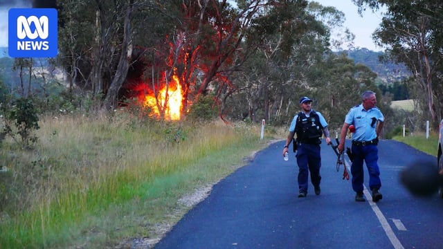 Two police officers walk on a road, in front of a fire amongst some trees on the roadside