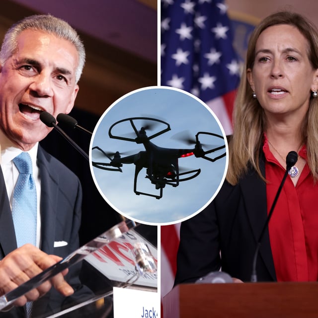 Jack Ciattarelli, a Republican New Jersey gubernatorial candidate, speaks in Bridgewater, New Jersey on November 2, 2021. Representative Mikie Sherrill, a Democratic gubernatorial candidate, speaks in Washington, D.C. on August 24, 2021. A drone flies over Old Bethpage, New York on August 30, 2015. New Jersey gubernatorial candidate are speaking out about the drones flying above the state.