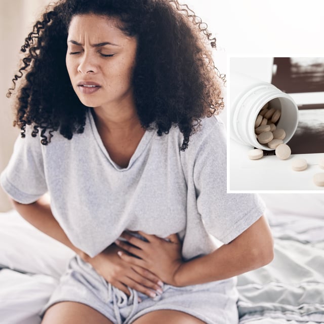 A woman clutches her belly in pain, with an image of pills and an ultrasound inset. People that have been pregnant for no more than 10 weeks can take a pill called misoprostol, with or without mifepristone, to simulate an early-term miscarriage.