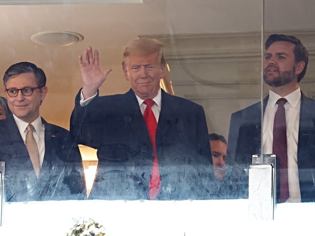 LANDOVER, MARYLAND - DECEMBER 14: (L-R) Speaker of the House Mike Johnson (R-LA), U.S. President-elect Donald Trump and Vice President-elect JD Vance attend the 125th Army-Navy football game at Northwest Stadium on December 14, 2024 in Landover, Maryland. Trump is attending the game with lawmakers and Cabinet nominees including, Vice President-elect JD Vance, Speaker of the House Mike Johnson (R-LA), Defense Secretary nominee Pete Hegseth, Gov. Ron DeSantis (R-FL) and Daniel Penny, a military veteran who was acquitted of criminally negligent homicide in a choke hold death of a New York subway rider. (Photo by Kevin Dietsch/Getty Images)