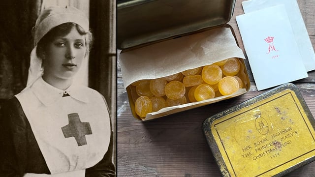 Princess Mary as a nurse in the First World War. The spice tins were part of her gift to soldiers