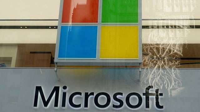 A Microsoft logo is pictured on a store in the Manhattan borough of New York City, New York, U.S., January 25, 2021.