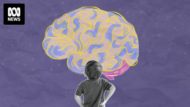 A graphic showing a young boy looking up at an illustration of a brain
