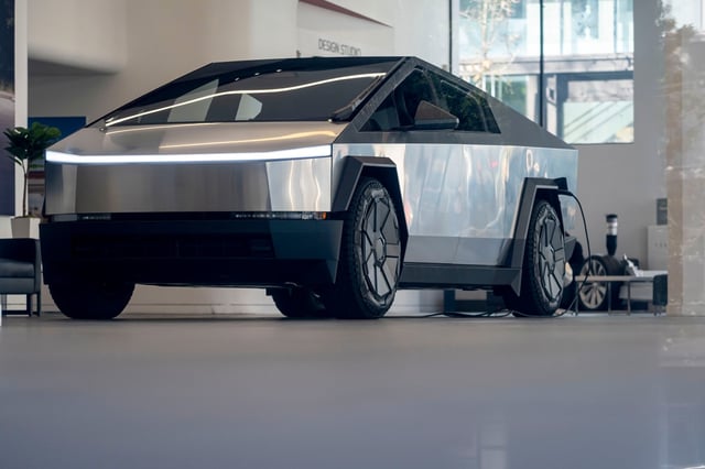 A Tesla Cybertruck inside the company&#39;s store in San Francisco on Jan. 2, 2025. 