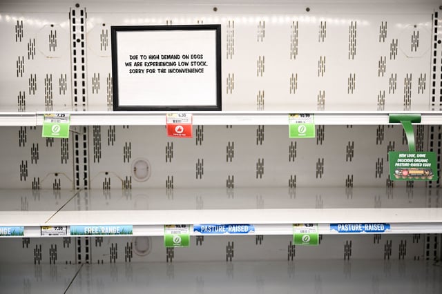 Empty shelves for eggs are seen during an egg shortage at a Sprouts Farmer's Market grocery store in Redondo Beach, California, on January 2, 2025. Bird flu and other factors have contributed to an egg shortage in California.