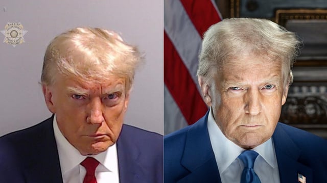 À gauche, le «mug shot» de Trump, à droite, son portrait officiel.
