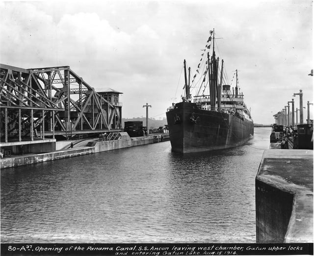 Opening of the Panama Canal showing American Steamship SS Ancon leaving the west chamber of the upper Gatun locks and entering Gatun Lake, Panama, August 15, 1914.