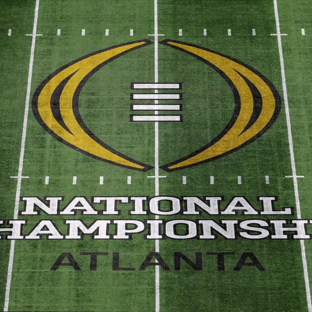 A detailed view of the game logo is seen on the field prior to the 2025 CFP National Championship between the Ohio State Buckeyes and the Notre Dame Fighting Irish at the Mercedes-Benz Stadium on January 20, 2025 in Atlanta, Georgia
